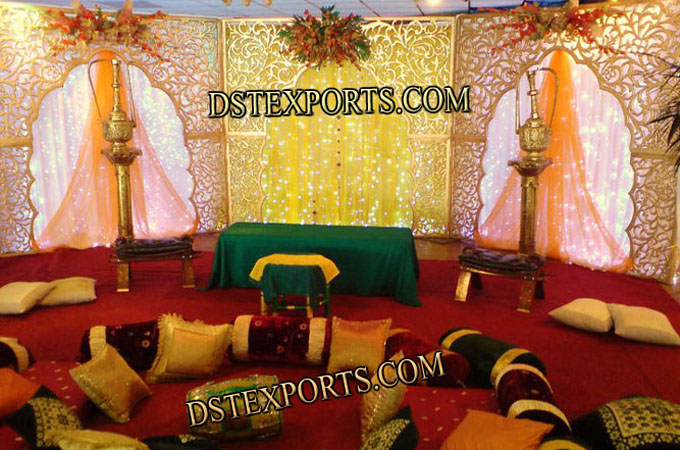 Mehndi Stage With Carved Backdrop Panels