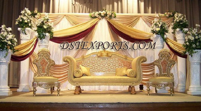 Asian Wedding Stage With Golden Carving Furnitures