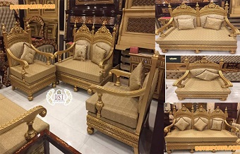 Traditional Teak Wood Gold Couch Set