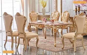 European Golden Carved Dining Table Set